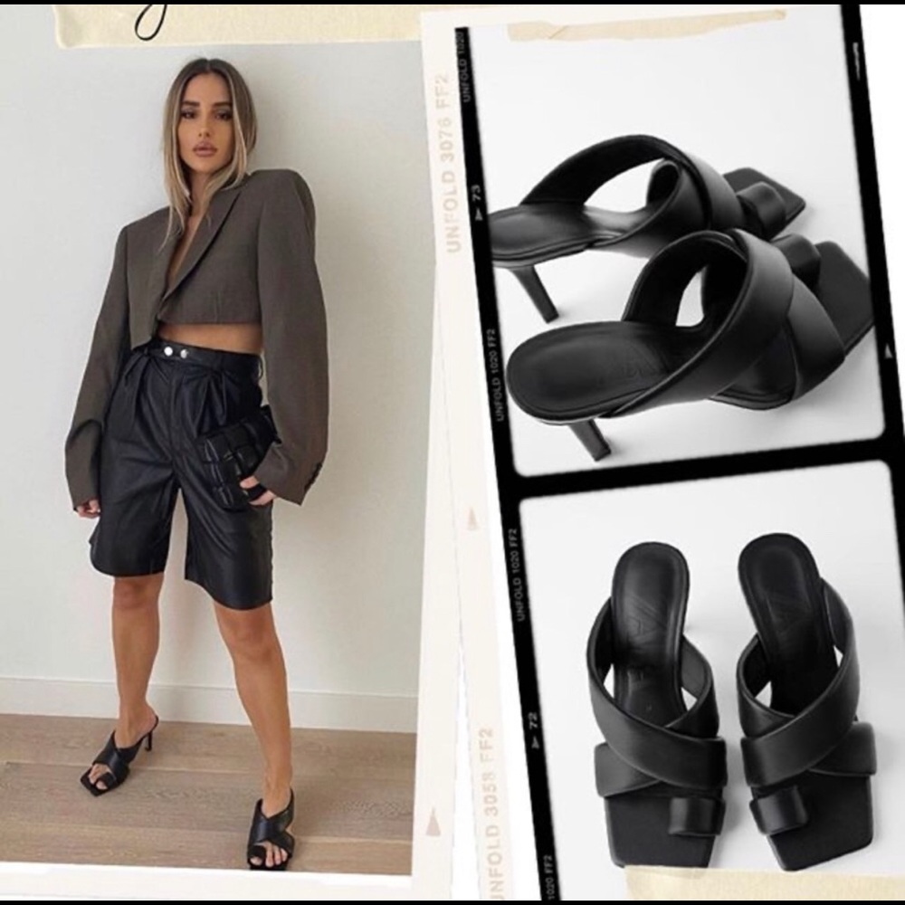 Zara Padded Heeled Leather Sandals - Picture 2 of 6